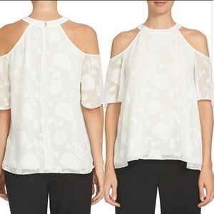 CeCe poppy fields sheer cold shoulder blouse